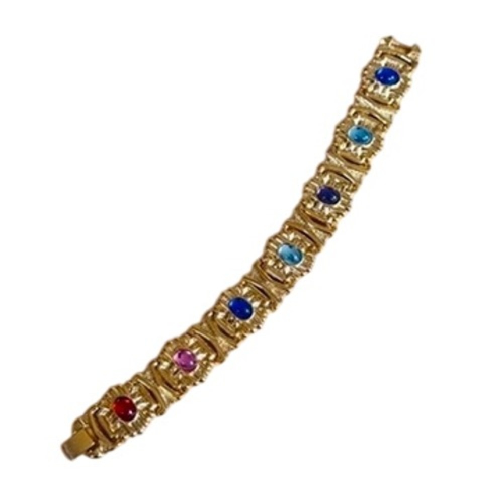 VTG Regal Cabochon Bracelet Chunky Gold Plated Panel Link Gripoix Style France